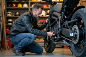 Homme en moto attachant un silencieux dans un garage