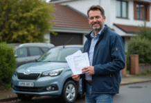 Homme debout avec facture de réparation voiture