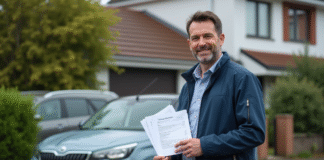 Homme debout avec facture de réparation voiture
