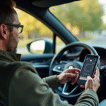 Homme détendu utilisant smartphone dans voiture moderne