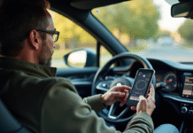Homme détendu utilisant smartphone dans voiture moderne