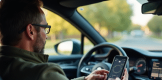 Applications pour se connecter à Citroën : quels sont les indispensables ? Homme détendu utilisant smartphone dans voiture moderne