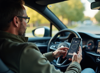 Homme détendu utilisant smartphone dans voiture moderne