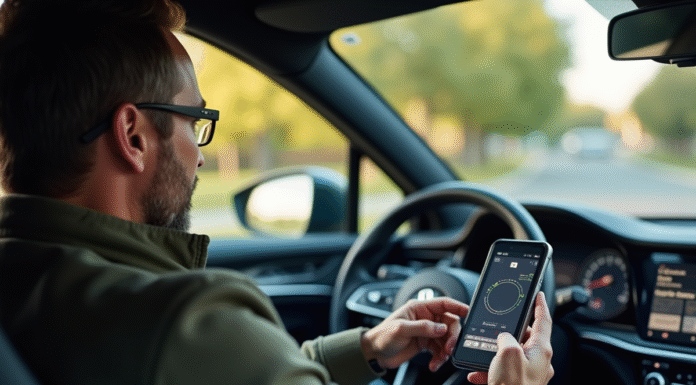 Homme détendu utilisant smartphone dans voiture moderne