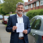 Assurance tous risques : pourquoi est-ce important de souscrire ? Homme souriant avec voiture et document d'assurance