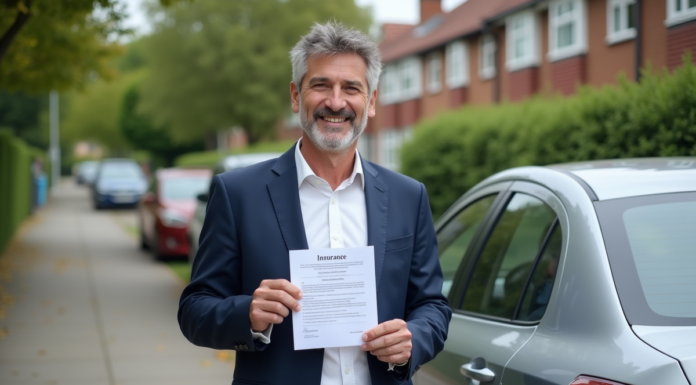 Assurance tous risques : pourquoi est-ce important de souscrire ? Homme souriant avec voiture et document d'assurance