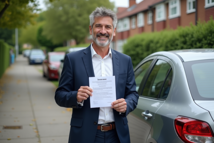 Homme souriant avec voiture et document d'assurance