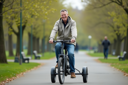 Homme d'âge moyen en tricycle dans un parc au printemps