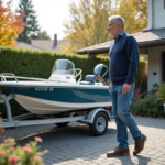 Se garer sur un bateau chez soi : règles et interdictions à connaître Homme d'âge moyen regardant le bateau sur sa remorque dans la cour