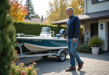 Se garer sur un bateau chez soi : règles et interdictions à connaître Homme d'âge moyen regardant le bateau sur sa remorque dans la cour