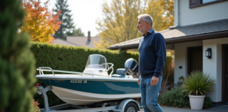 Se garer sur un bateau chez soi : règles et interdictions à connaître Homme d'âge moyen regardant le bateau sur sa remorque dans la cour