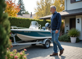 Se garer sur un bateau chez soi : règles et interdictions à connaître Homme d'âge moyen regardant le bateau sur sa remorque dans la cour