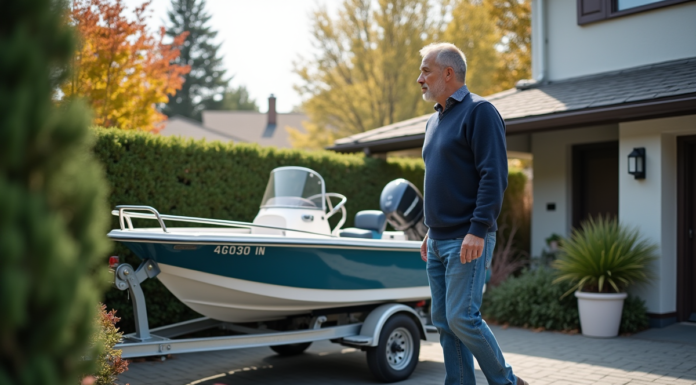 Homme d'âge moyen regardant le bateau sur sa remorque dans la cour