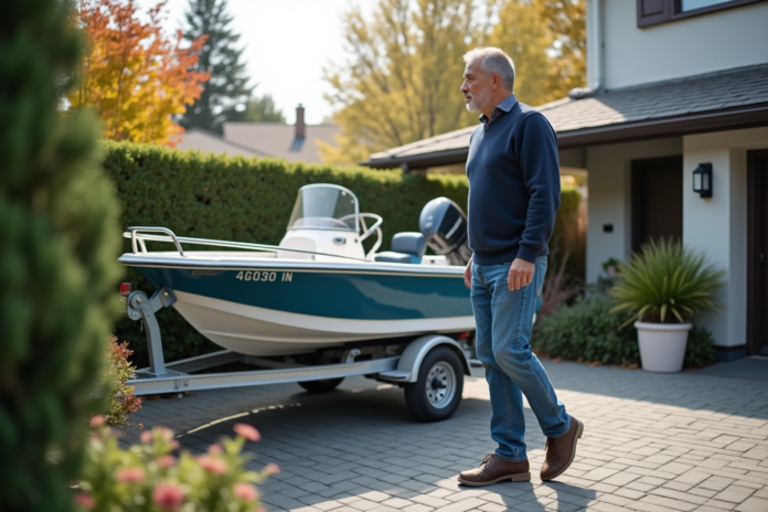 Homme d'âge moyen regardant le bateau sur sa remorque dans la cour