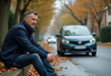 Accident de la route : quels sont les facteurs de risque à connaître ? Homme pensif près d'une voiture endommagée sur une rue humide