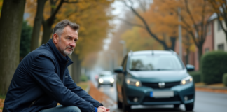 Accident de la route : quels sont les facteurs de risque à connaître ? Homme pensif près d'une voiture endommagée sur une rue humide