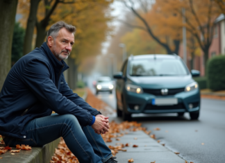 Accident de la route : quels sont les facteurs de risque à connaître ? Homme pensif près d'une voiture endommagée sur une rue humide