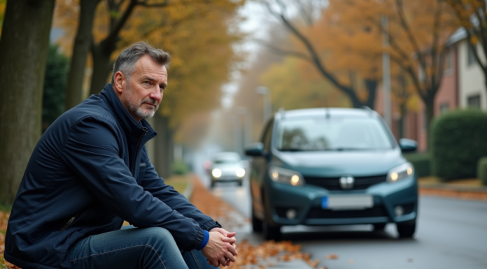 Homme pensif près d'une voiture endommagée sur une rue humide