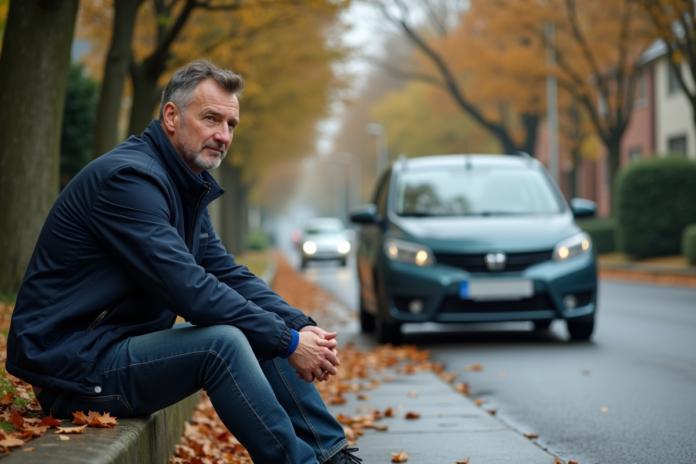 Homme pensif près d'une voiture endommagée sur une rue humide