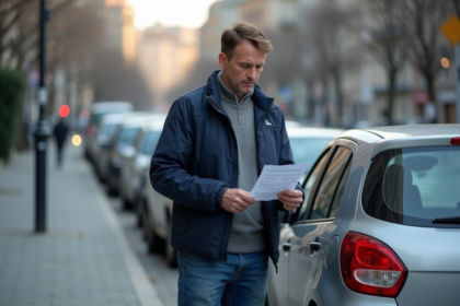 Homme examinant une amende dans une rue urbaine