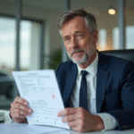 Coût changement carte grise : tarif, démarches et calculs en 2025 Homme d'âge moyen tenant un certificat d'immatriculation en bureau