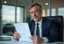 Coût changement carte grise : tarif, démarches et calculs en 2025 Homme d'âge moyen tenant un certificat d'immatriculation en bureau