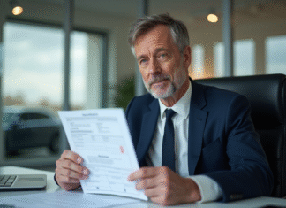 Coût changement carte grise : tarif, démarches et calculs en 2025 Homme d'âge moyen tenant un certificat d'immatriculation en bureau