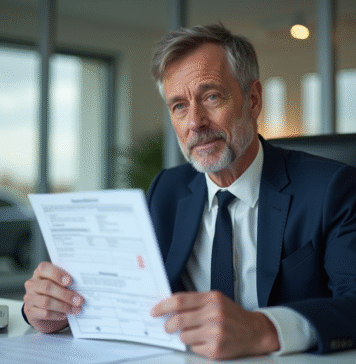 Coût changement carte grise : tarif, démarches et calculs en 2025 Homme d'âge moyen tenant un certificat d'immatriculation en bureau