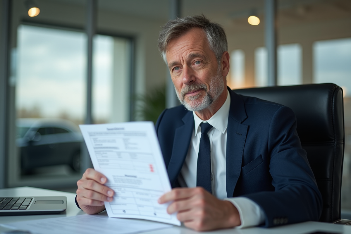 Homme d'âge moyen tenant un certificat d'immatriculation en bureau