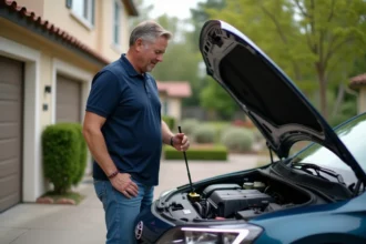 Homme d'âge moyen examinant le moteur d'une voiture