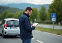 Consommation au 100 km : astuces pour réaliser des économies de carburant Homme d'âge moyen vérifiant un carnet près d'une voiture dans la nature
