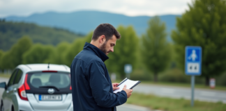 Homme d'âge moyen vérifiant un carnet près d'une voiture dans la nature