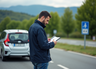 Consommation au 100 km : astuces pour réaliser des économies de carburant Homme d'âge moyen vérifiant un carnet près d'une voiture dans la nature