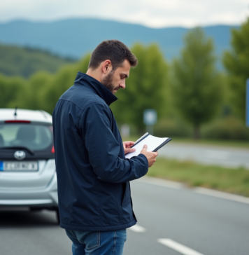 Consommation au 100 km : astuces pour réaliser des économies de carburant Homme d'âge moyen vérifiant un carnet près d'une voiture dans la nature