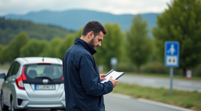 Consommation au 100 km : astuces pour réaliser des économies de carburant Homme d'âge moyen vérifiant un carnet près d'une voiture dans la nature