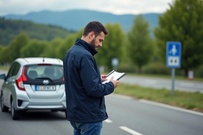 homme-voiture-nature Homme d'âge moyen vérifiant un carnet près d'une voiture dans la nature