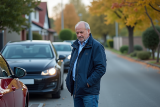 Homme d'âge moyen examine le capot de deux voitures dans une rue résidentielle