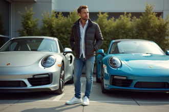 Homme regardant deux Porsche en ville lors d'une journée ensoleillee