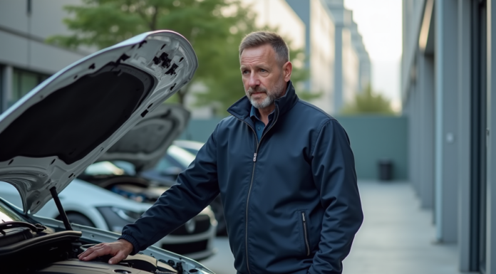 Ingénieur automobile homme examinant un moteur en extérieur