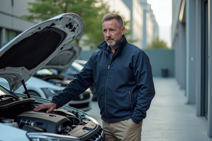 Ingénieur automobile homme examinant un moteur en extérieur