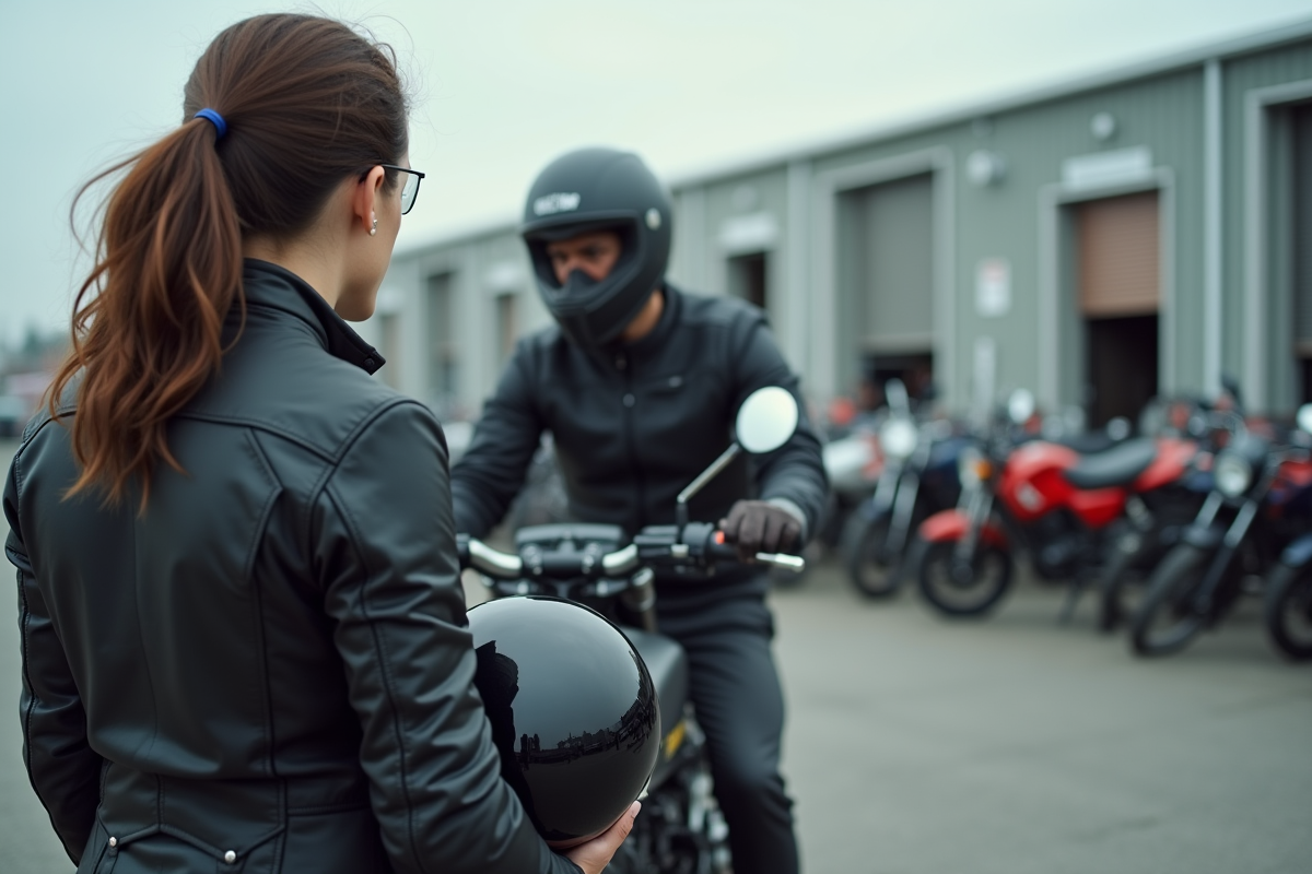 Jeune femme inspectant sa moto dans un parking extérieur