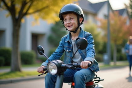 Adolescent souriant sur scooter moderne en extérieur