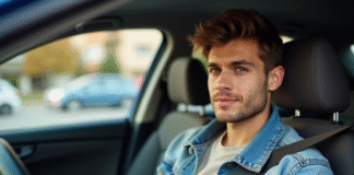 Jeune homme attachant sa ceinture de sécurité dans sa voiture