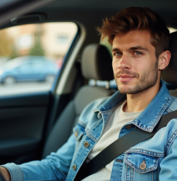 Jeune homme attachant sa ceinture de sécurité dans sa voiture