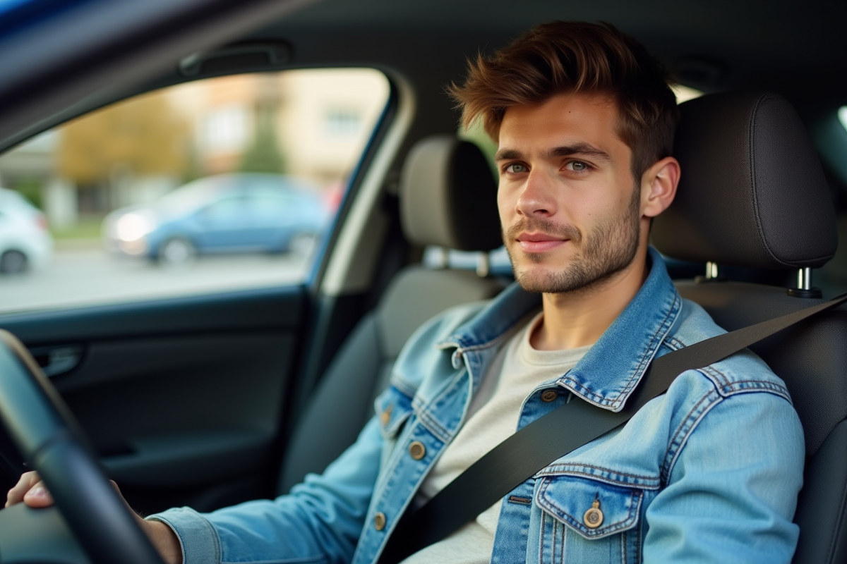 Jeune homme attachant sa ceinture de sécurité dans sa voiture