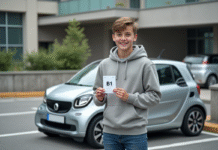 Jeune garçon avec permis B devant une microcar en ville