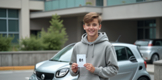 Jeune garçon avec permis B devant une microcar en ville