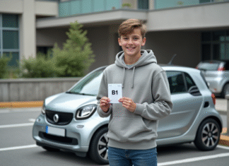 Jeune garçon avec permis B devant une microcar en ville