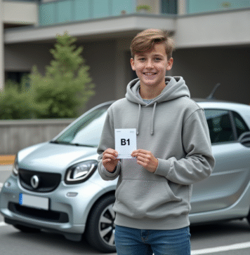 Signification et rôle du B1 sur le permis : tout comprendre en 2025 Jeune garçon avec permis B devant une microcar en ville