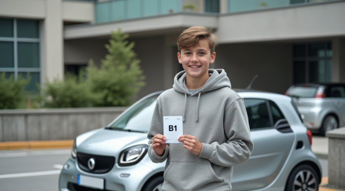 Jeune garçon avec permis B devant une microcar en ville